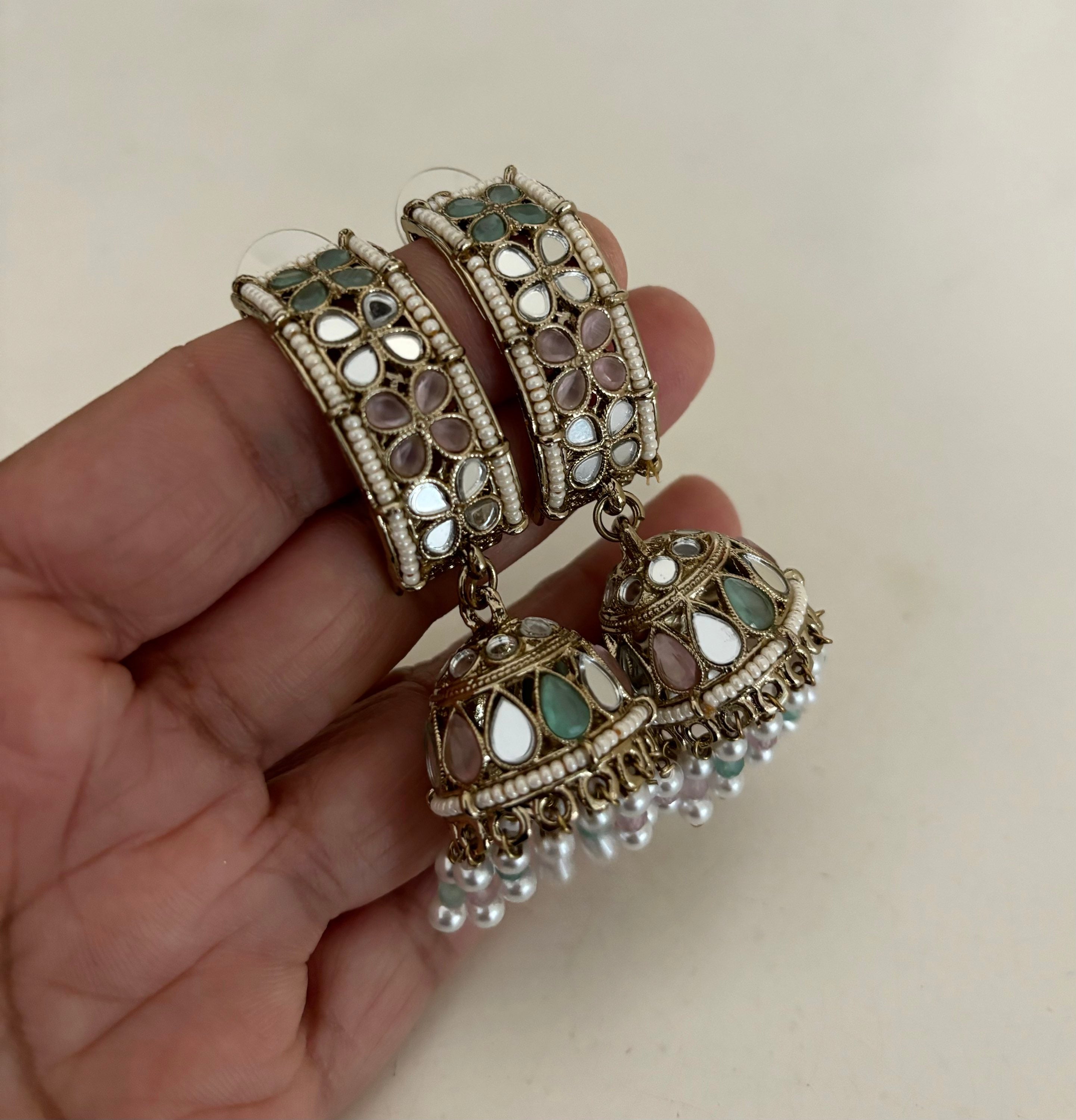 Eva Aqua/pink mirror jhumka  image 1