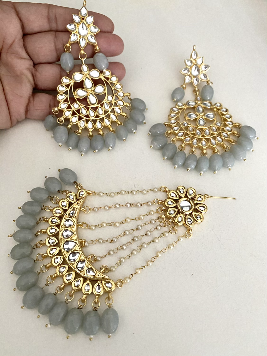 Kundan grey drop earring and jhoomar set image 1