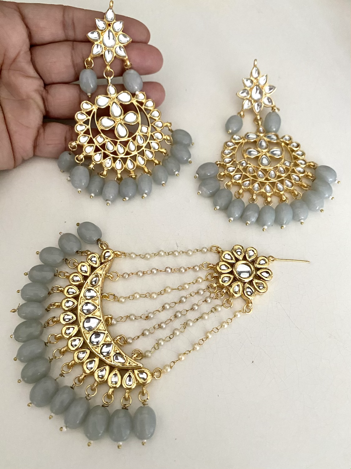 Kundan grey drop earring and jhoomar set image 1