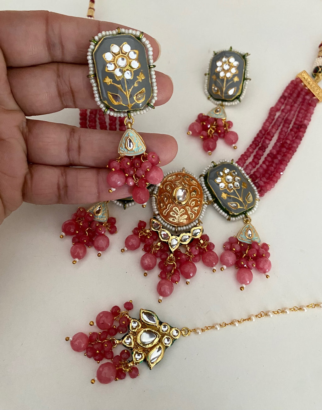 Dark pink grey/orange kundan  image 1