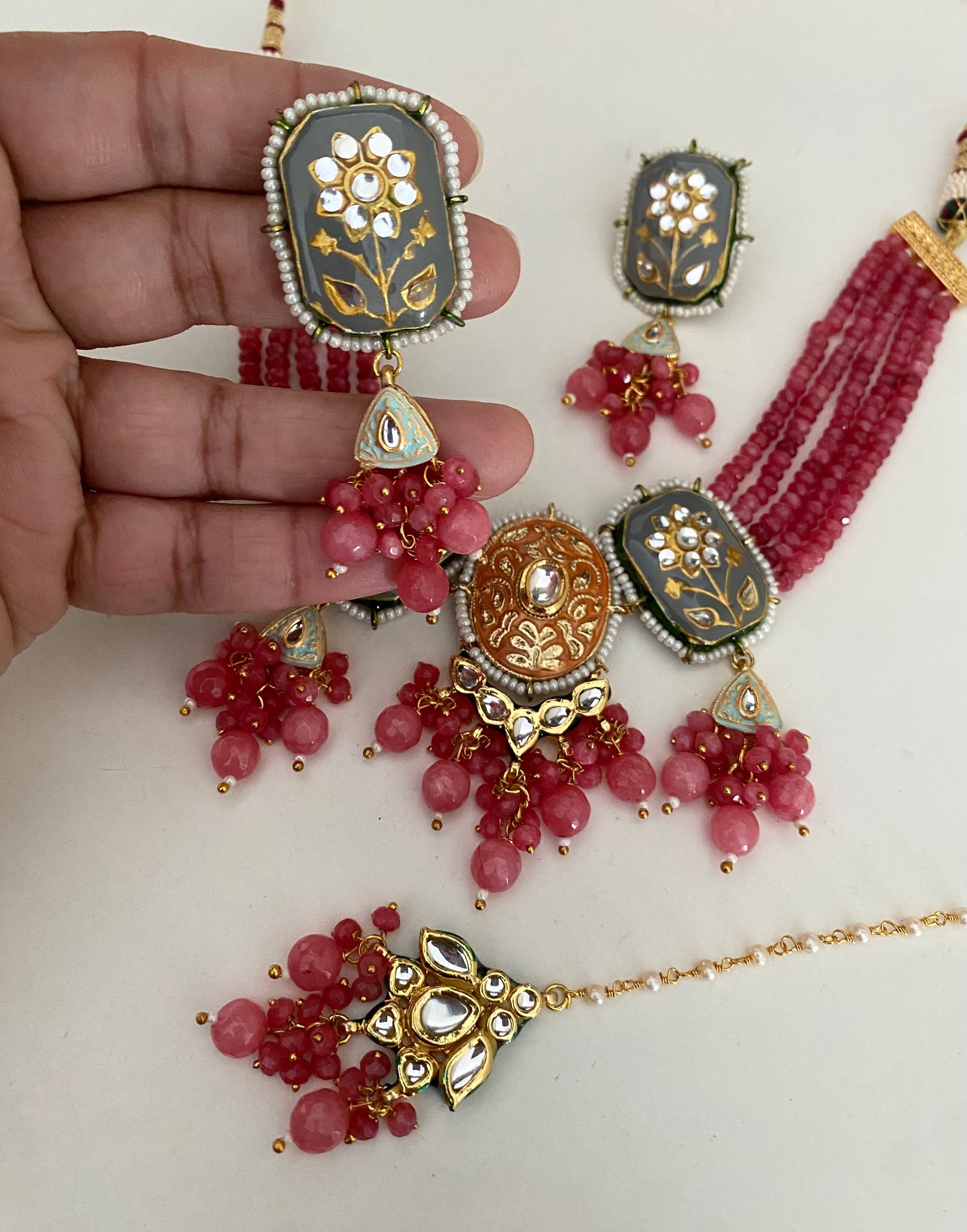 Dark pink grey/orange kundan  image 1