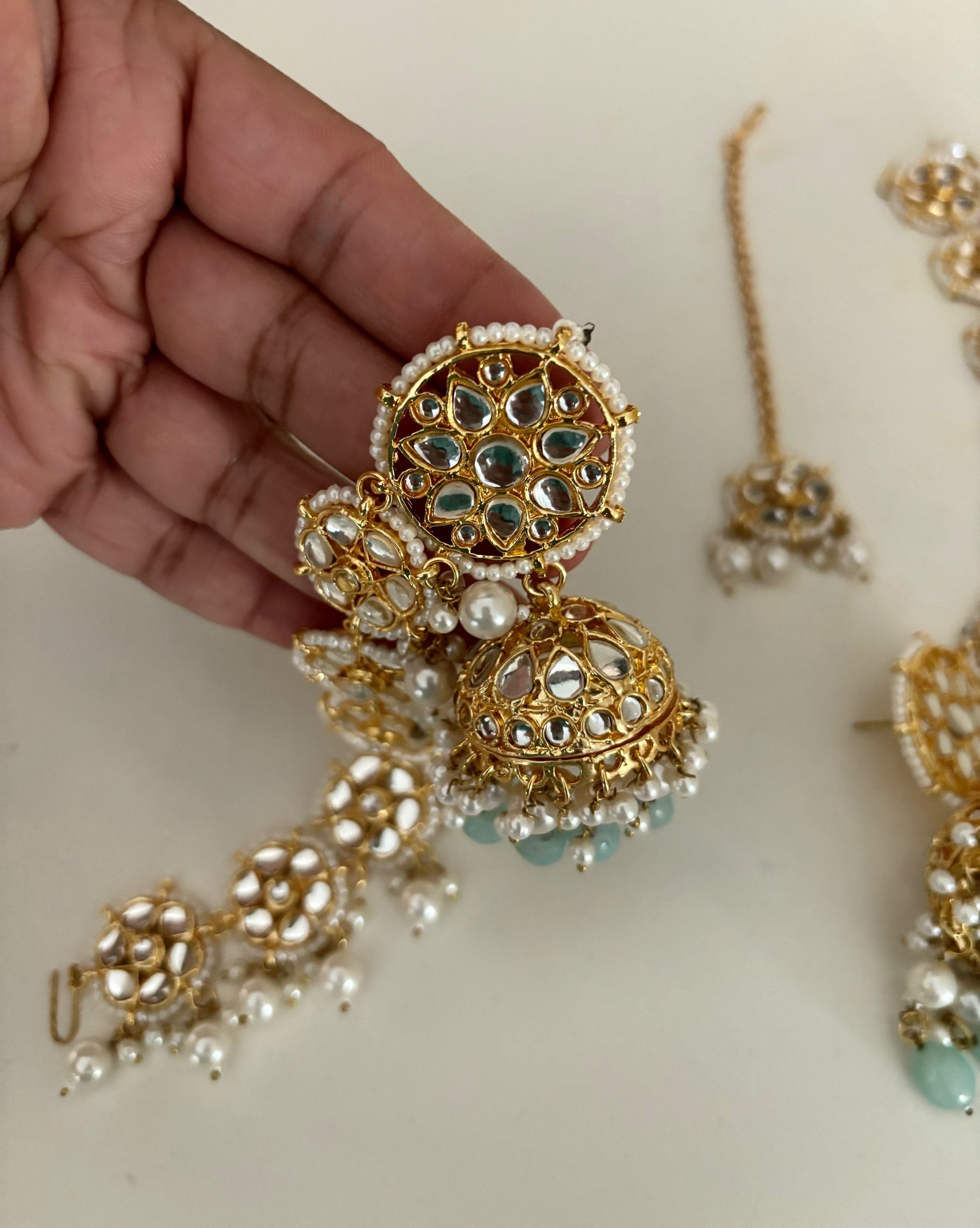 Jamuna jhumka with earring chain /tikli  image 5