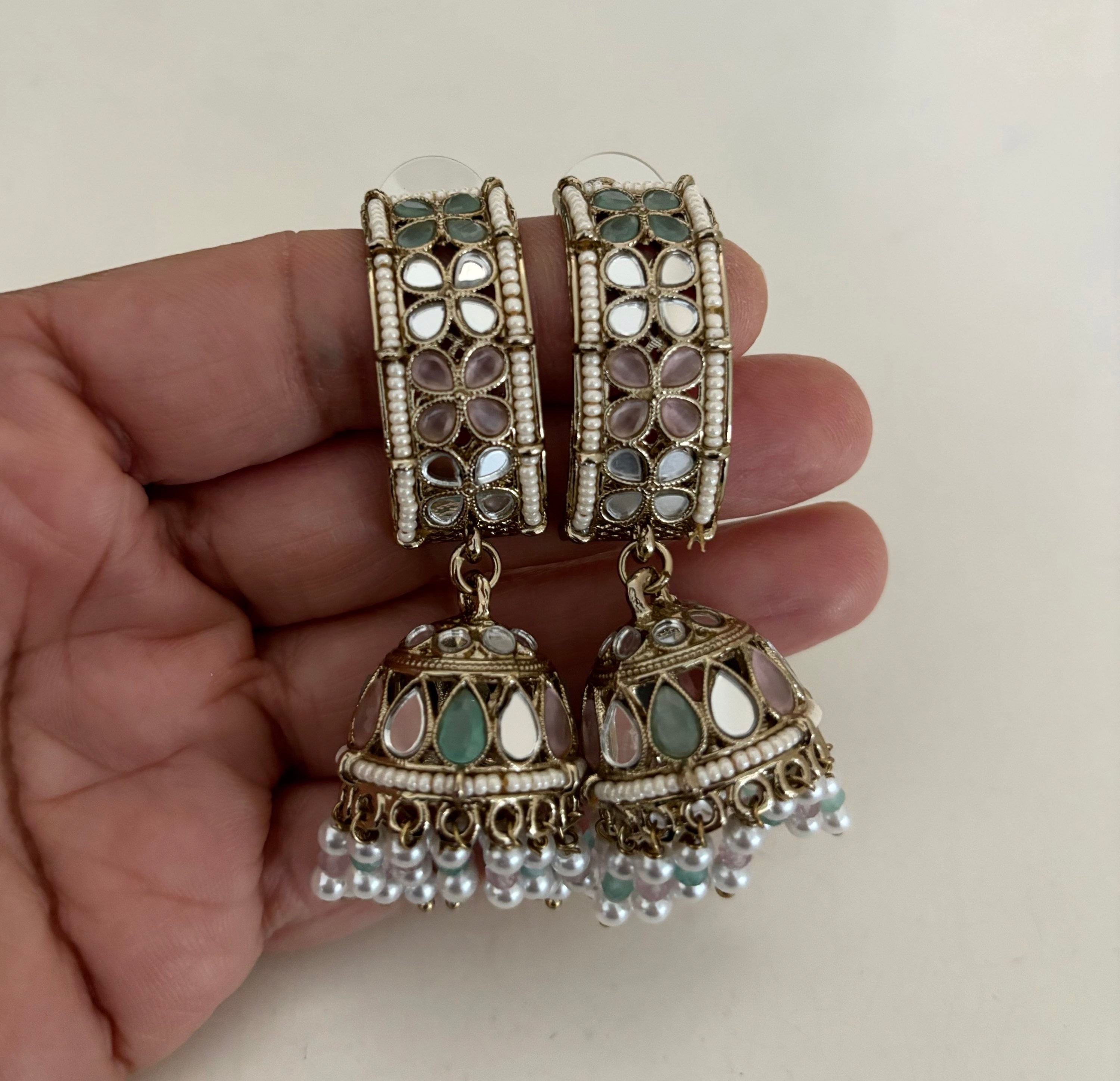 Eva Aqua/pink mirror jhumka  image 0