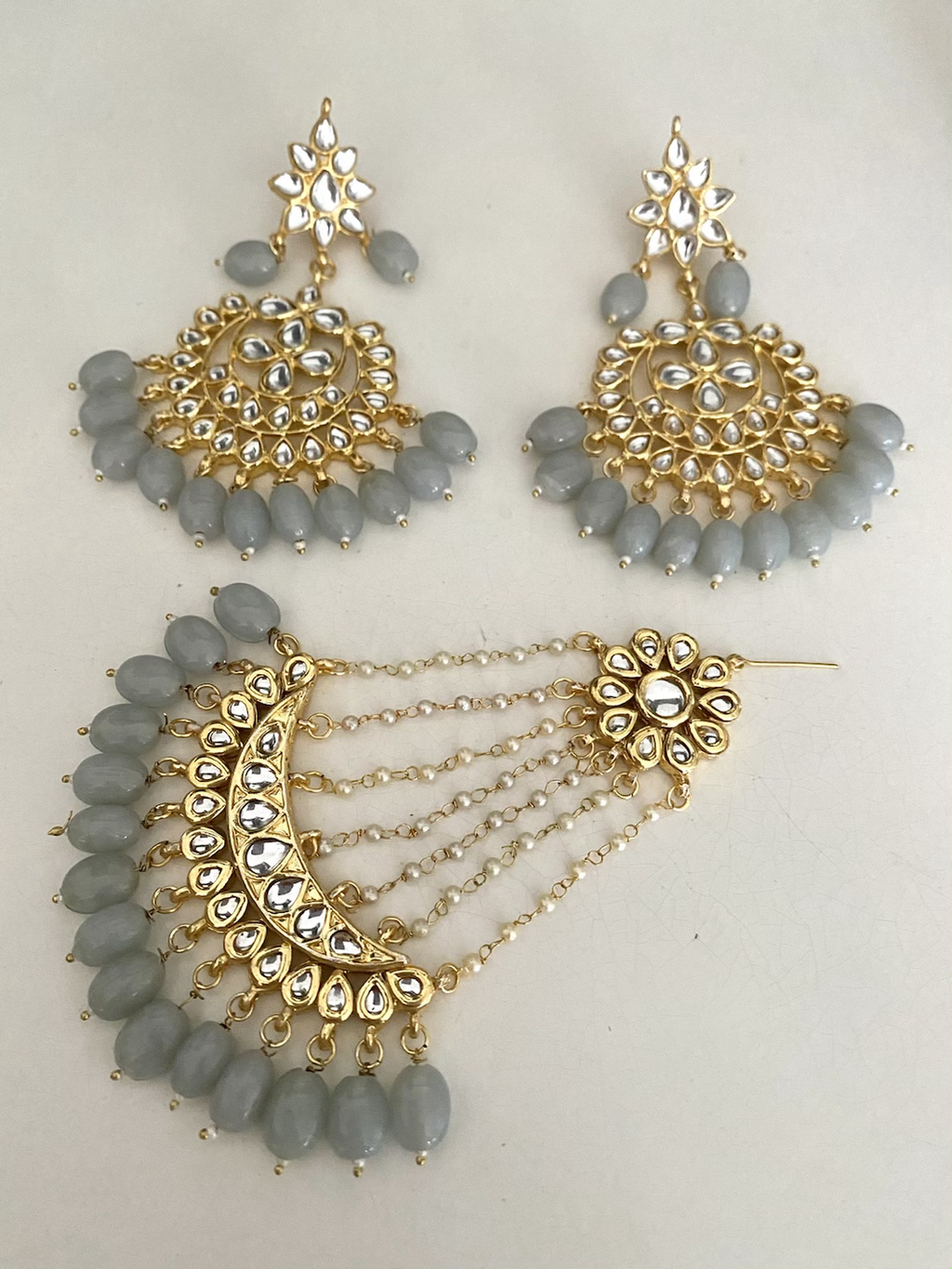 Kundan grey drop earring and jhoomar set image 0