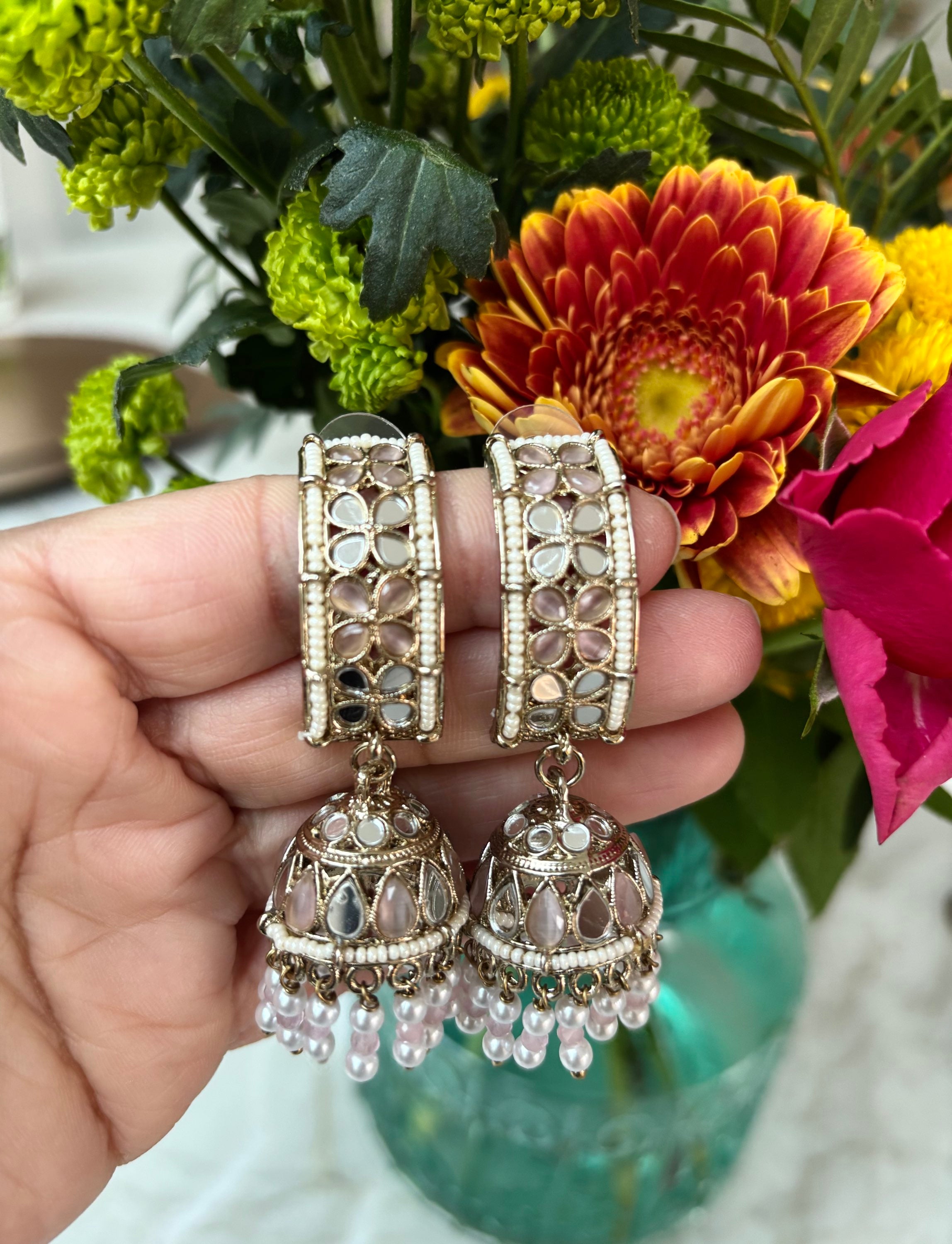 Eva pink mirror jhumka  image 0