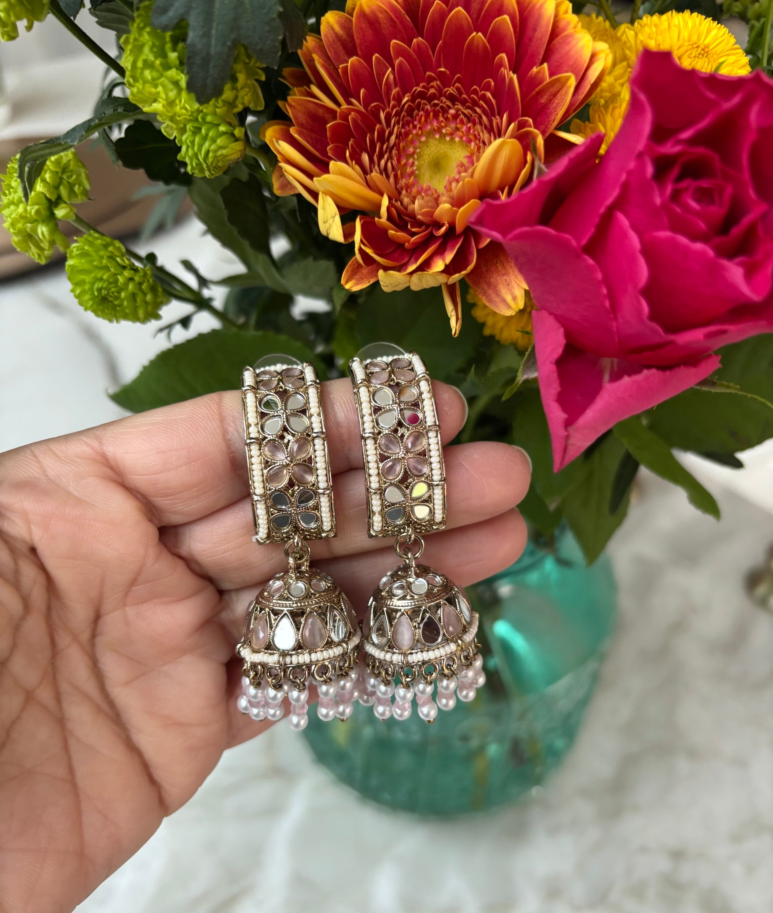 Eva pink mirror jhumka  image 1